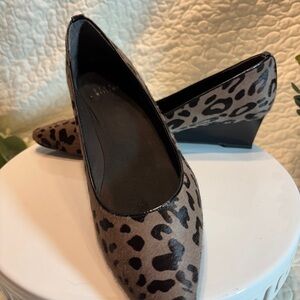 Stuart Weitzman Black and Tan Leopard Print Wedges with Patent Stripe Heel